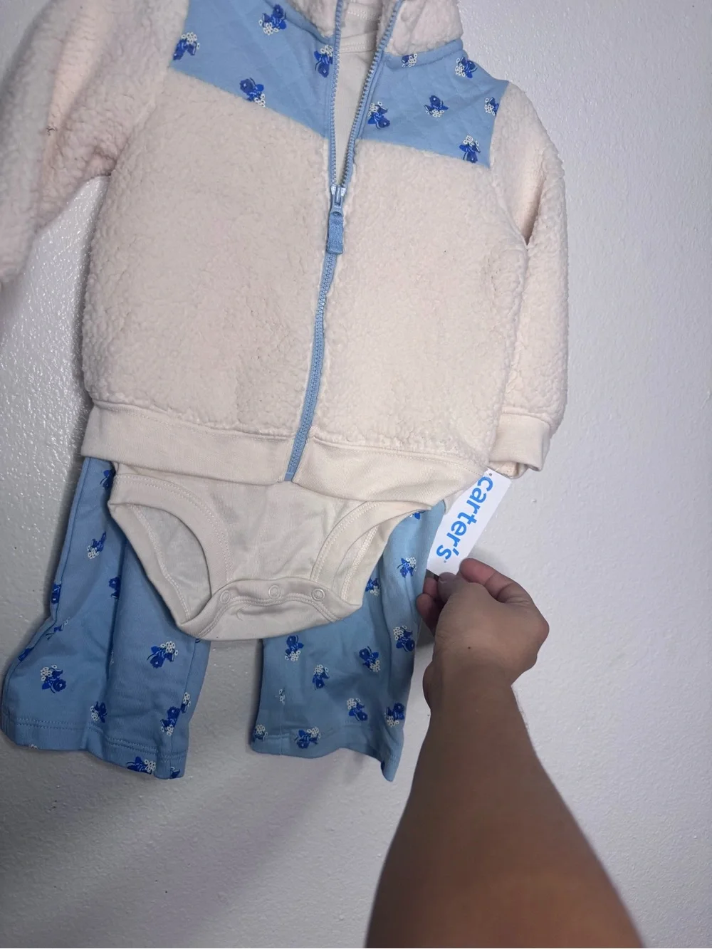 Carter's Cream Sherpa Jacket with Light Blue Floral Bodysuit & Pants Set